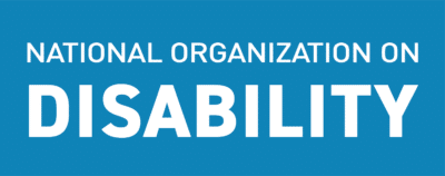 Blue rectangle with wording National Organization on Disability