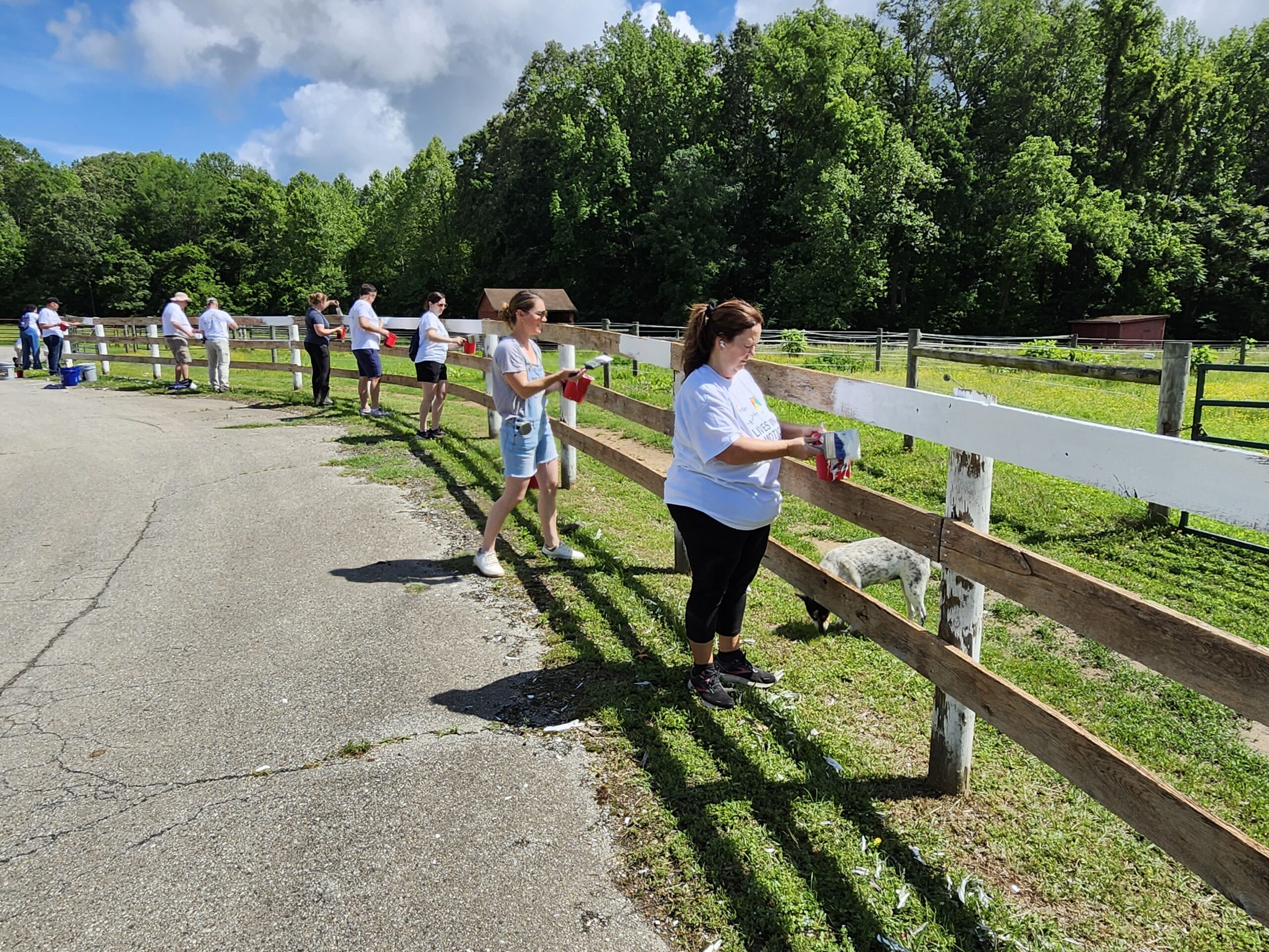 Wills Group volunteers painting a fence at Camp Accomplish