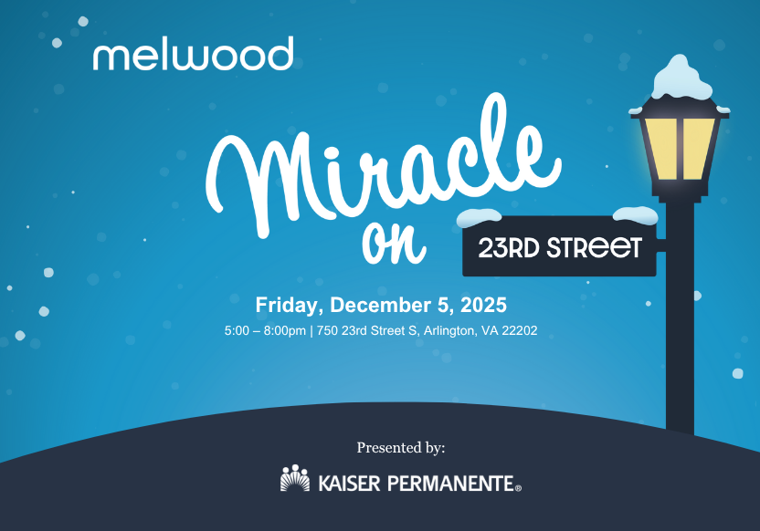 Text that reads "Miracle on 23rd Street" with a lamp post and snowflakes and wintery feel.
