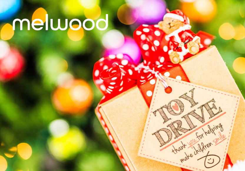 "toy drive" graphic with Melwood logo