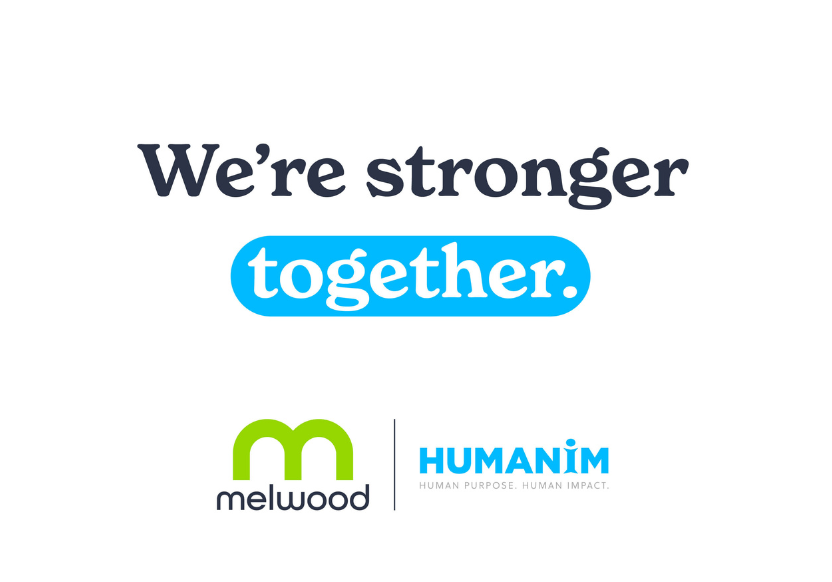 graphic with words, "We're stronger together," with the logos of Melwood and Humanim beneath it