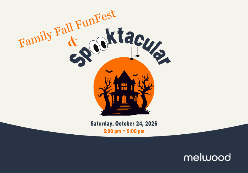text that says family fall fun fest and spooktacular over a vector graphic of a haunted house in front of an orange moon. Spooky image!