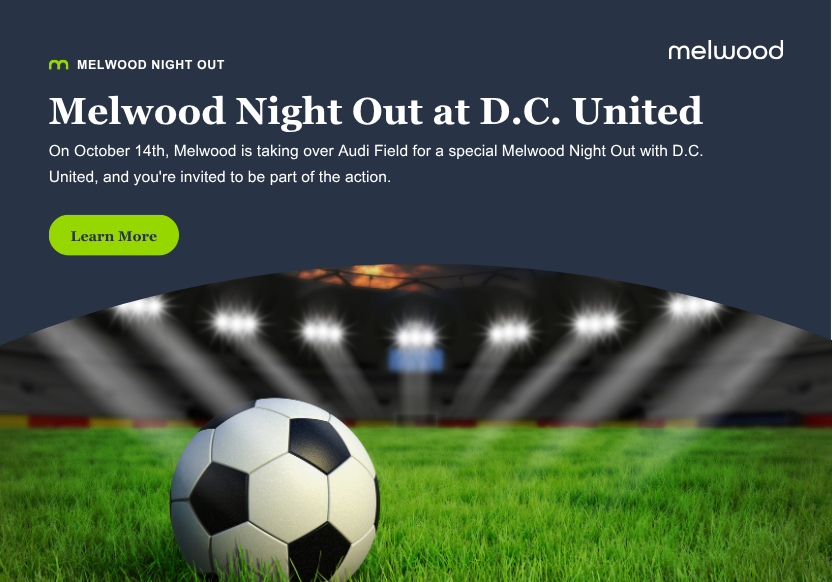 DC United Night Out Graphic with soccerball image on grass in the lights of a stadium.