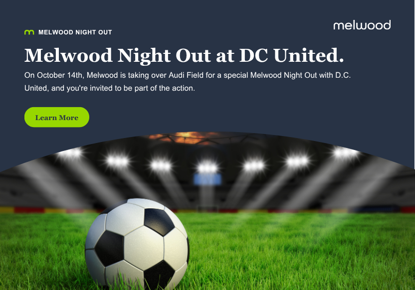 DCUnited Night Out Graphic with soccerball image on grass in the lights of a stadium.