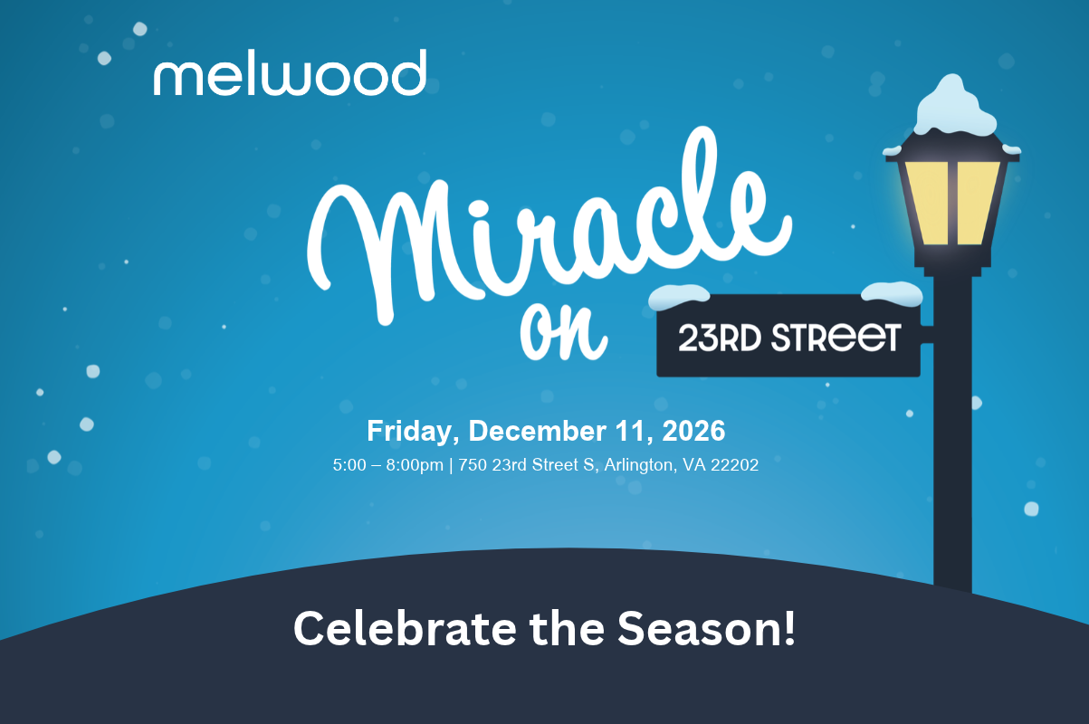 graphic promoting Melwood's Miracle on 23rd Street event, with dates and other details, with a graphic of a snowy lamppost